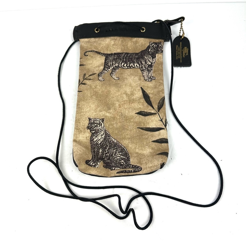Down Home‎ Leather Crossbody Bag Black Tan Leather Canvas Tiger Handbag Travel